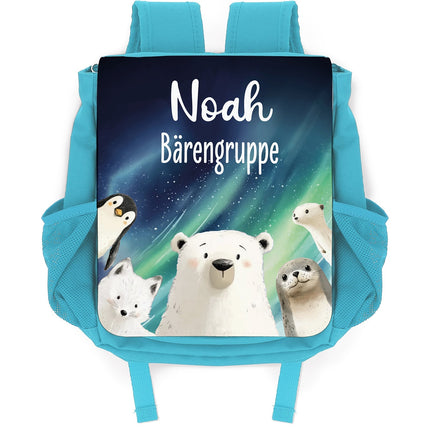 SEO. Bedruckter Rucksack für Kinder - Polartiere mit Name - Hellblau Linkreich