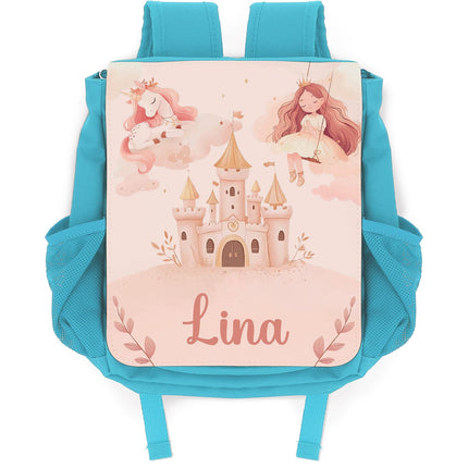 SEO. Bedruckter Rucksack für Kinder - Prinzessin mit Name - Hellblau Linkreich