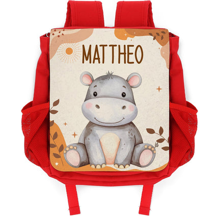 SEO. Bedruckter Rucksack für Kinder - Safaritiere mit Name - Rot Linkreich