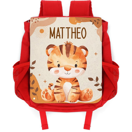 SEO. Bedruckter Rucksack für Kinder - Safaritiere mit Name - Rot Linkreich