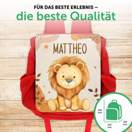 SEO. Bedruckter Rucksack für Kinder - Safaritiere mit Name - Rot Linkreich
