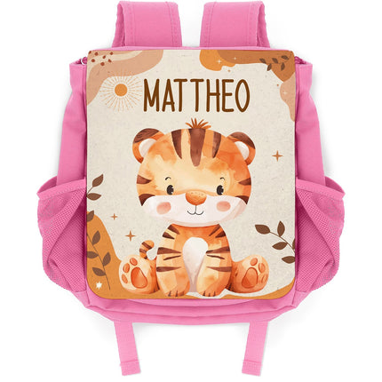 SEO. Bedruckter Rucksack für Kinder - Safaritiere mit Name - Rot Linkreich