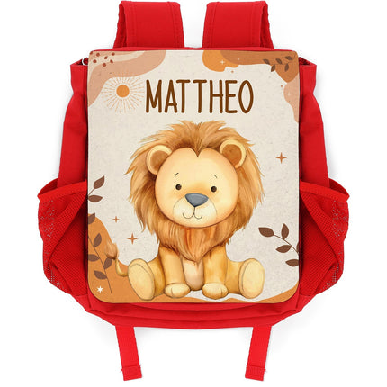 SEO. Bedruckter Rucksack für Kinder - Safaritiere mit Name - Rot Linkreich