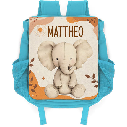 SEO. Bedruckter Rucksack für Kinder - Safaritiere mit Name - Hellblau Linkreich