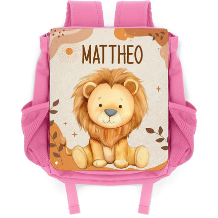 SEO. Bedruckter Rucksack für Kinder - Safaritiere mit Name - Rot Linkreich