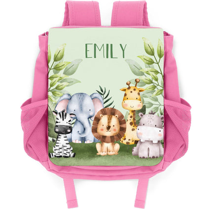 SEO. Bedruckter Rucksack für Kinder - Tiergruppe Safari - Rosa Linkreich