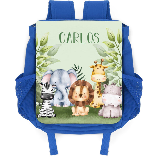 SEO. Bedruckter Rucksack für Kinder - Tiergruppe Safari - Blau Linkreich
