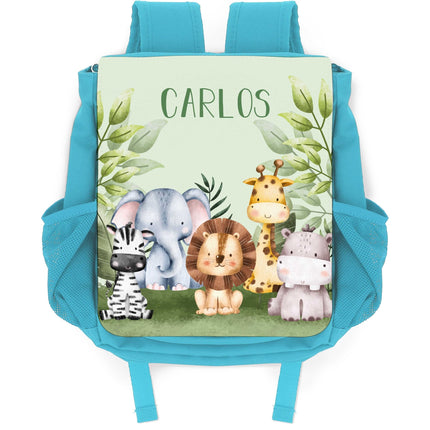 SEO. Bedruckter Rucksack für Kinder - Tiergruppe Safari - Hellblau Linkreich