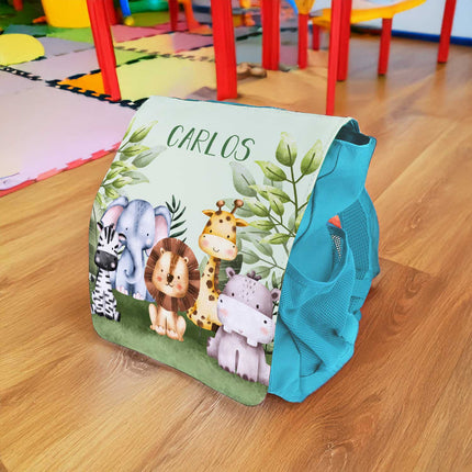 SEO. Bedruckter Rucksack für Kinder - Tiergruppe Safari - Hellblau Linkreich