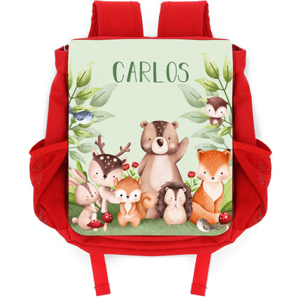 SEO. Bedruckter Rucksack für Kinder - Tiergruppe Wald - Rot Linkreich
