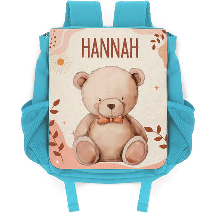 SEO. Bedruckter Rucksack für Kinder - Waldtiere mit Name - Hellblau Linkreich