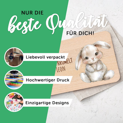 SEO. Bedrucktes Frühstücksbrettchen "Hier Krümelt" mit Tiermotiv & Namen - Fuchs Linkreich