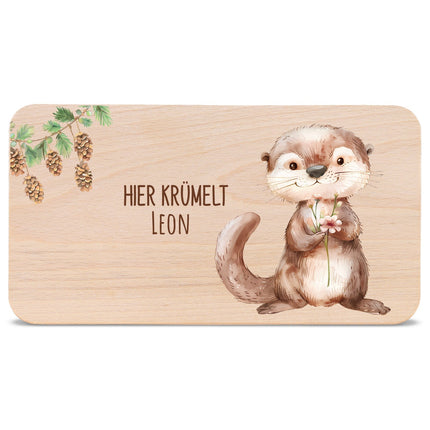 SEO. Bedrucktes Frühstücksbrettchen "Hier Krümelt" mit Tiermotiv & Namen - Otter mit Blume Linkreich