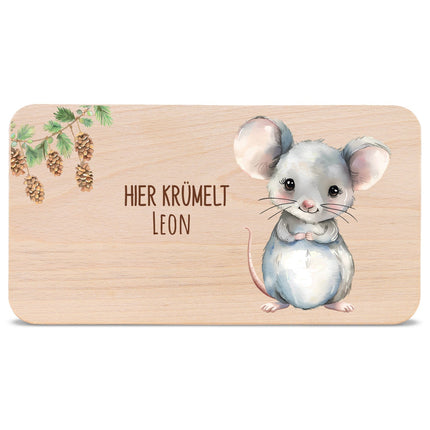 SEO. Bedrucktes Frühstücksbrettchen "Hier Krümelt" mit Tiermotiv & Namen - Maus Linkreich