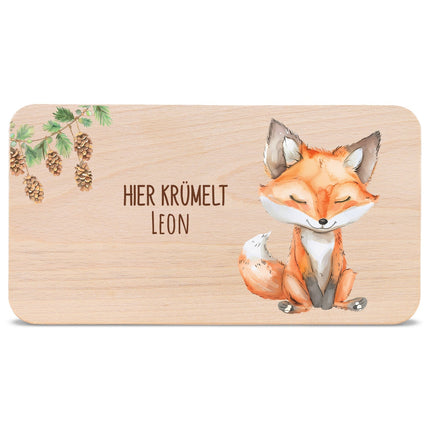 SEO. Bedrucktes Frühstücksbrettchen "Hier Krümelt" mit Tiermotiv & Namen - Fuchs Linkreich