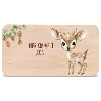 SEO. Bedrucktes Frühstücksbrettchen "Hier Krümelt" mit Tiermotiv & Namen - Reh Linkreich
