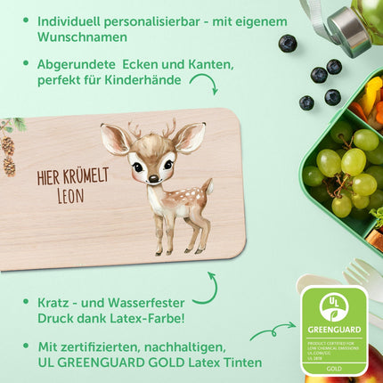 SEO. Bedrucktes Frühstücksbrettchen "Hier Krümelt" mit Tiermotiv & Namen - Fuchs Linkreich