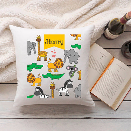 SEO. Bedrucktes Kinderkissen mit Motiv "Safari Tiere" mit Wunschnamen - ohne Füllung Linkreich