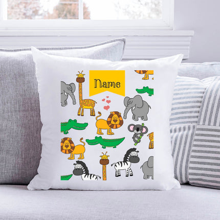 SEO. Bedrucktes Kinderkissen mit Motiv "Safari Tiere" mit Wunschnamen - ohne Füllung Linkreich