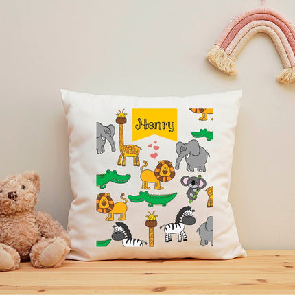 SEO. Bedrucktes Kinderkissen mit Motiv "Safari Tiere" mit Wunschnamen - ohne Füllung Linkreich