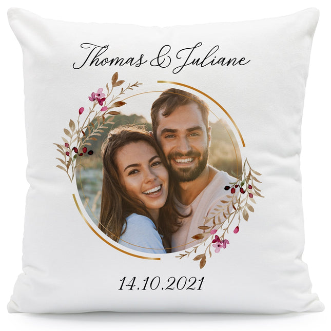 SEO. Bedrucktes Kissen Floralkreis mit Foto & Namen - ohne Füllung Linkreich