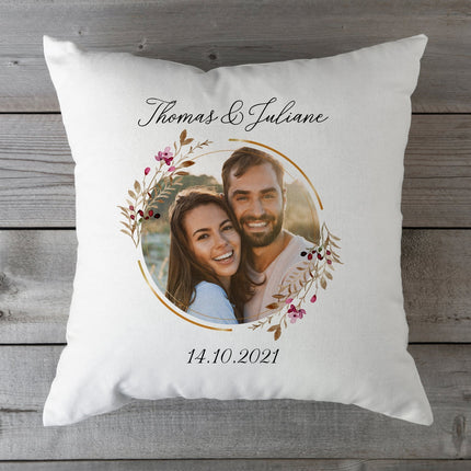 SEO. Bedrucktes Kissen Floralkreis mit Foto & Namen - ohne Füllung Linkreich
