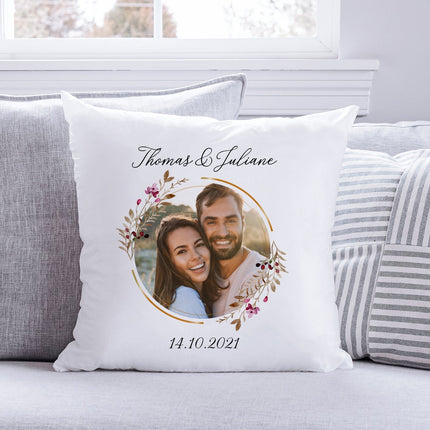 SEO. Bedrucktes Kissen Floralkreis mit Foto & Namen - ohne Füllung Linkreich