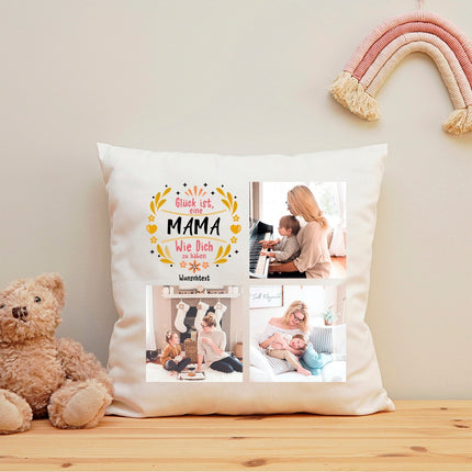 SEO. Bedrucktes Kissen "Glück ist" mit eigenen Fotos - Mama Linkreich