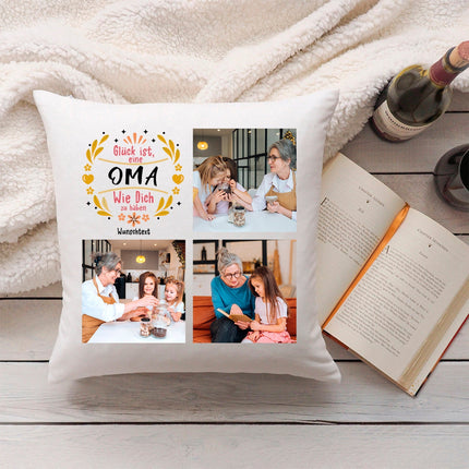 SEO. Bedrucktes Kissen "Glück ist" mit eigenen Fotos - Oma Linkreich