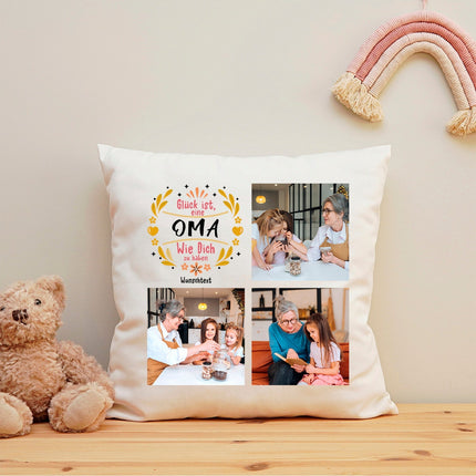 SEO. Bedrucktes Kissen "Glück ist" mit eigenen Fotos - Oma Linkreich