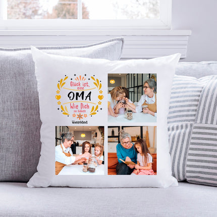 SEO. Bedrucktes Kissen "Glück ist" mit eigenen Fotos - Oma Linkreich