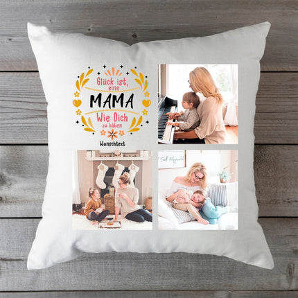 SEO. Bedrucktes Kissen "Glück ist" mit eigenen Fotos - Mama Linkreich
