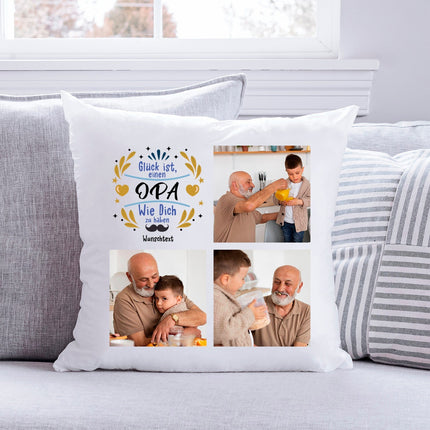 SEO. Bedrucktes Kissen "Glück ist" mit eigenen Fotos - Opa Linkreich