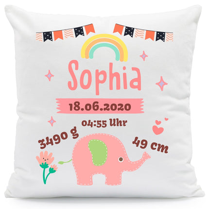 SEO. Bedrucktes Kissen mit Babydaten und Elefant - Blau Linkreich
