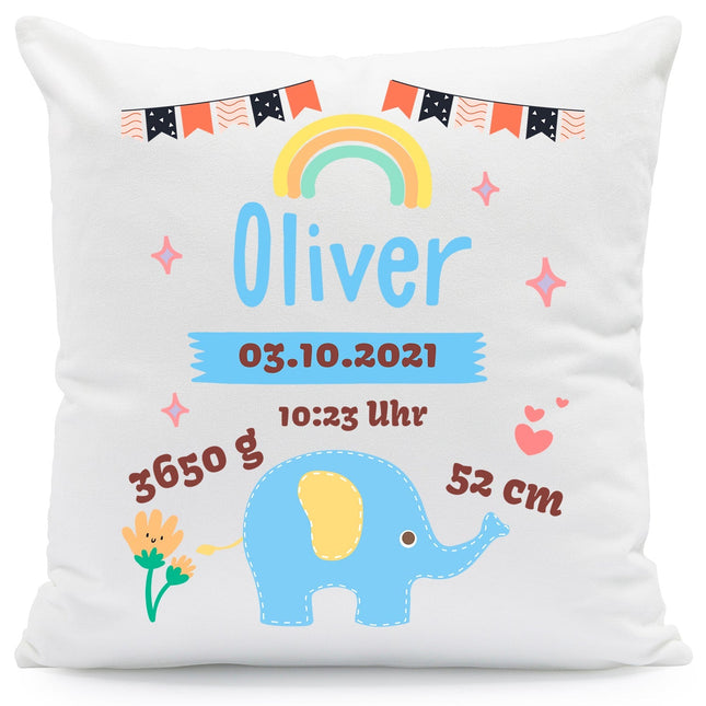 SEO. Bedrucktes Kissen mit Babydaten und Elefant - Blau Linkreich