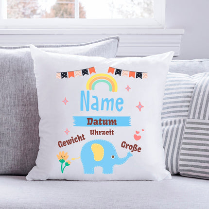 SEO. Bedrucktes Kissen mit Babydaten und Elefant - Blau Linkreich