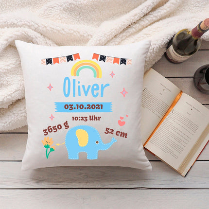 SEO. Bedrucktes Kissen mit Babydaten und Elefant - Blau Linkreich