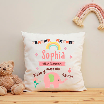 SEO. Bedrucktes Kissen mit Babydaten und Elefant - Blau Linkreich