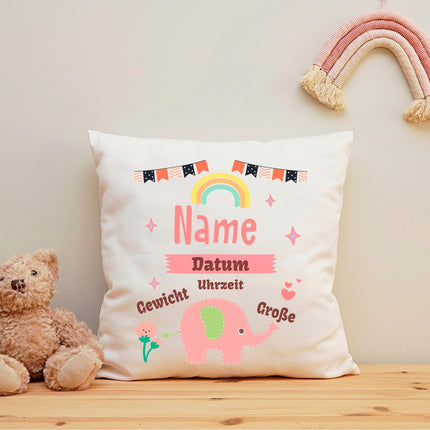 SEO. Bedrucktes Kissen mit Babydaten und Elefant - Blau Linkreich
