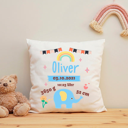 SEO. Bedrucktes Kissen mit Babydaten und Elefant - Blau Linkreich