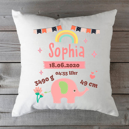 SEO. Bedrucktes Kissen mit Babydaten und Elefant - Blau Linkreich