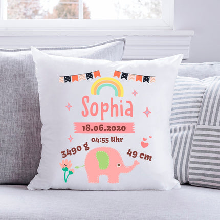 SEO. Bedrucktes Kissen mit Babydaten und Elefant - Blau Linkreich