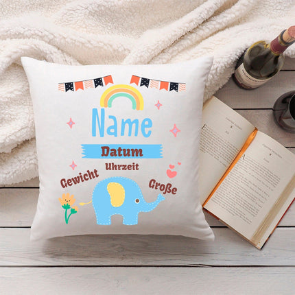 SEO. Bedrucktes Kissen mit Babydaten und Elefant - Blau Linkreich