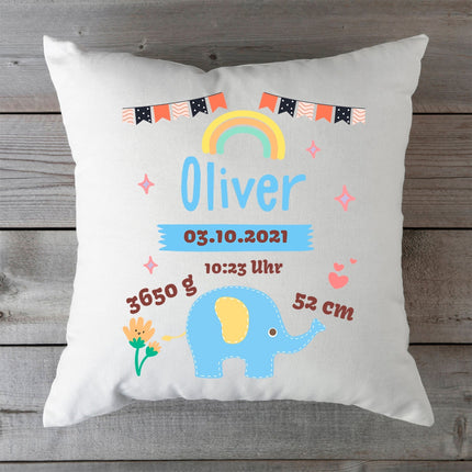 SEO. Bedrucktes Kissen mit Babydaten und Elefant - Blau Linkreich