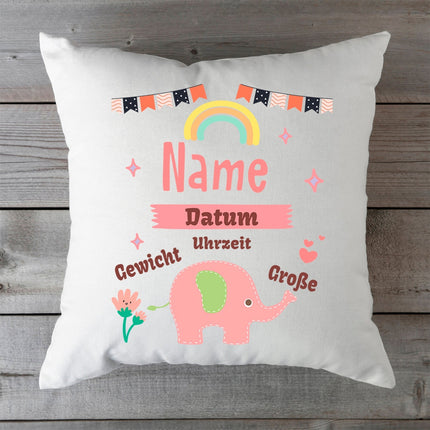 SEO. Bedrucktes Kissen mit Babydaten und Elefant - Blau Linkreich
