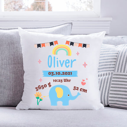SEO. Bedrucktes Kissen mit Babydaten und Elefant - Blau Linkreich