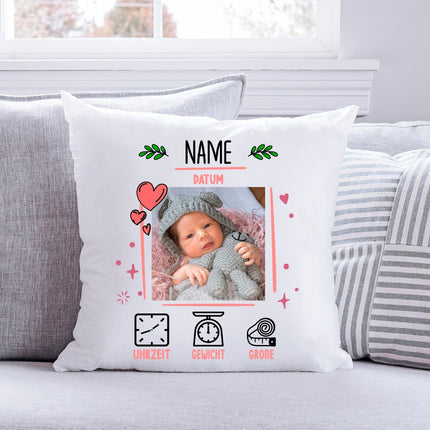 SEO. Bedrucktes Kissen mit Babyfoto und Geburtsdaten - Rosa Linkreich