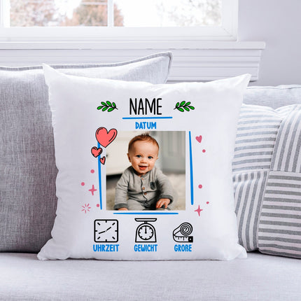 SEO. Bedrucktes Kissen mit Babyfoto und Geburtsdaten - Blau Linkreich