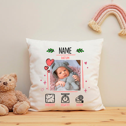 SEO. Bedrucktes Kissen mit Babyfoto und Geburtsdaten - Rosa Linkreich