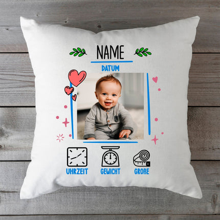 SEO. Bedrucktes Kissen mit Babyfoto und Geburtsdaten - Blau Linkreich